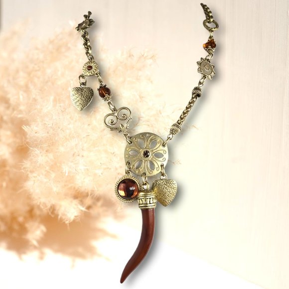 Statement Necklace BOHO Amber Stones Horn Pendant - Picture 1 of 7